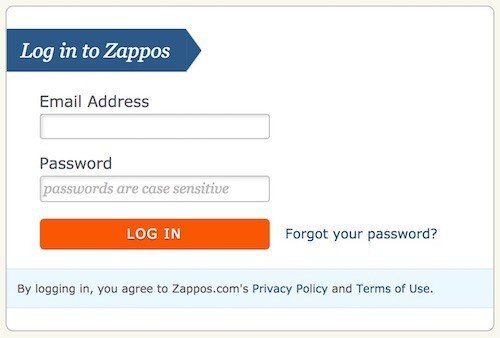 Zappos login: Agree to Privacy Policy, Terms of Use