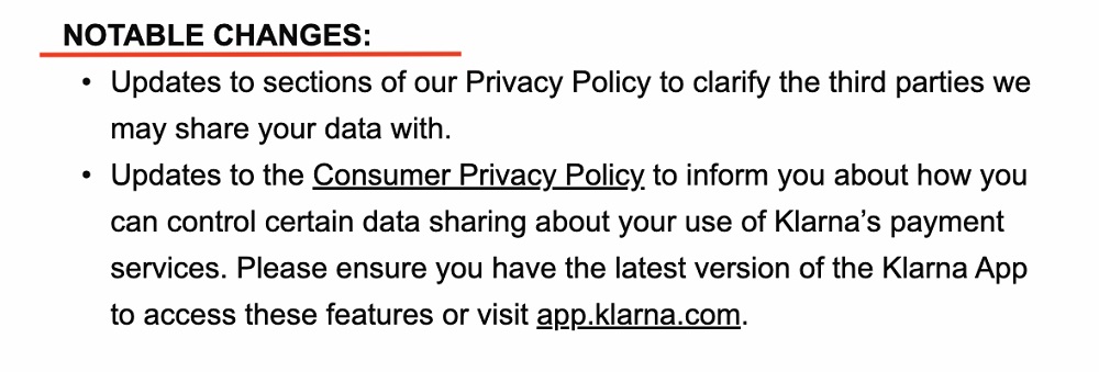 Klarna update to privacy policy notice - Notable changes excerpt