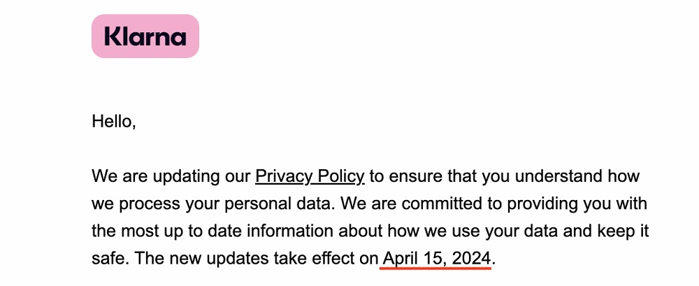 Klarna update to privacy policy notice