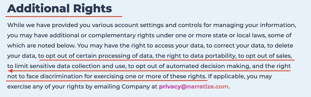 Narratize Privacy Policy Additional rights clause