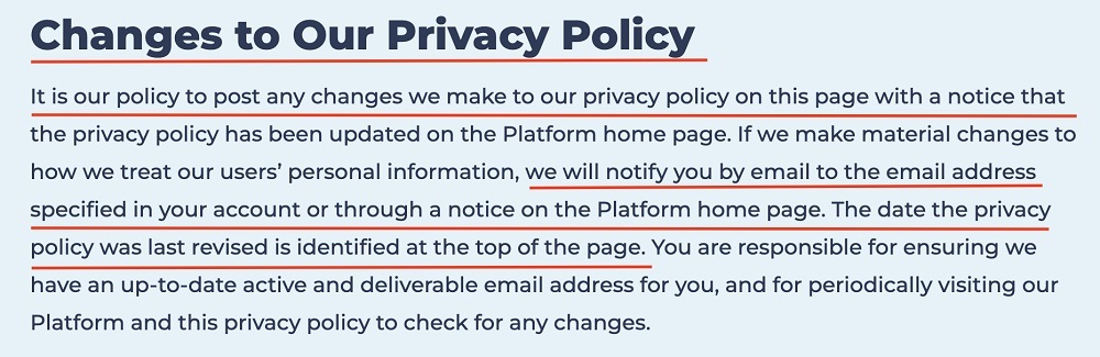 Narratize Privacy Policy Changes clause