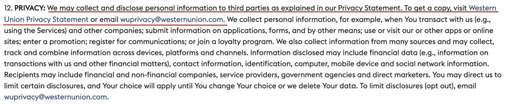 Western Union Terms and Conditions Privacy clause