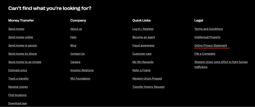 Western Union website footer with Privacy Policy link highlighted