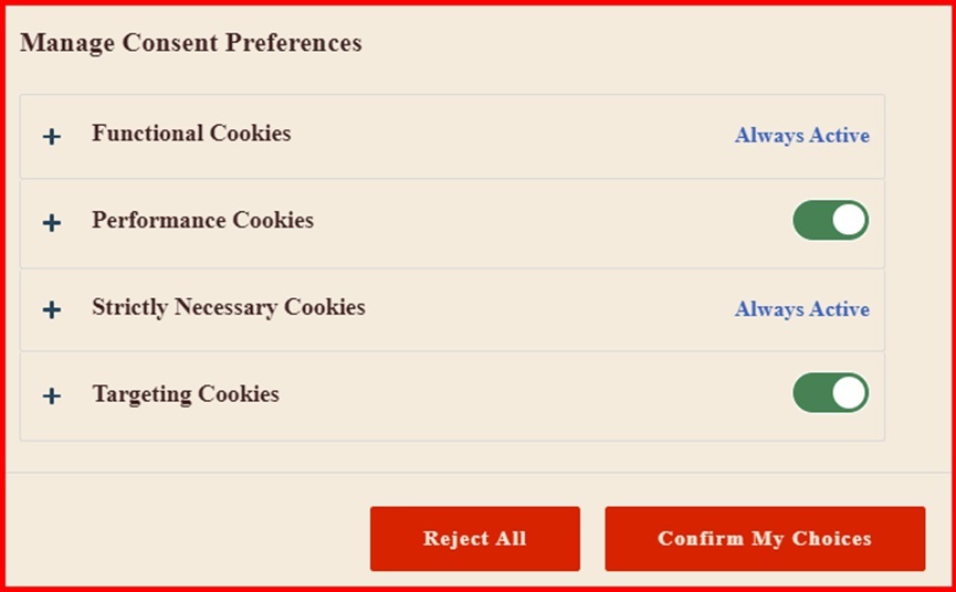 Example of manage cookie consent preferences box