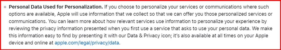 Privacy Policy: Personal Data Used for Personalization clause
