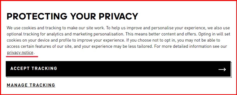 Privacy tracking notice box screenshot