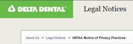 Section of Legal Notices from Delta Dental website