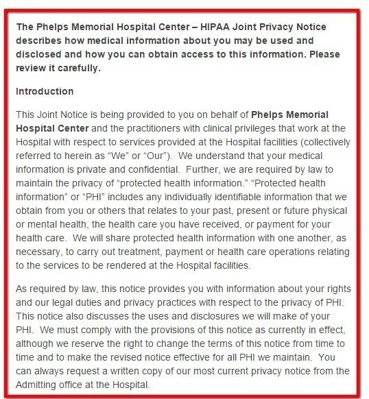 Introduction clause from HIPAA Privacy of Phelps Memorial Website