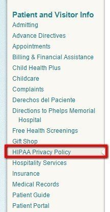Highlight legal link from sidebar of Phelps Memorial Hospital Center website