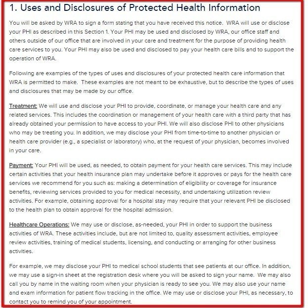 Uses and Disclosures clause from HIPAA Notice of Washington Radiology