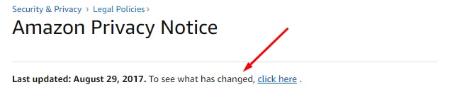 Screenshot of Amazon.com Privacy Policy: Last Updated August 29, 2017 - see changes pointed