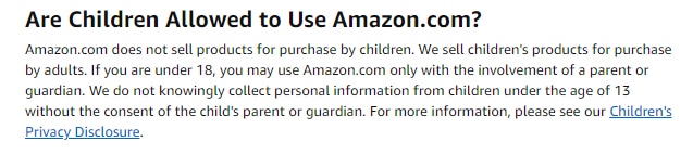 Screenshot of Amazon.com Privacy Policy: Minors Clause