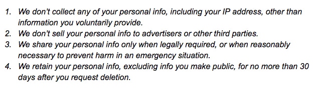 Screenshot of Disconnect.me Privacy Policy: Information We Don't Collect Clause