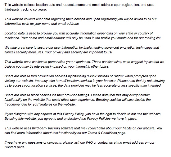 Screenshot of a sample Privacy Policy for a simple website