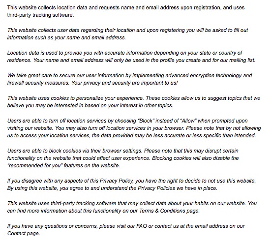 Screenshot of a sample Privacy Policy for a simple website