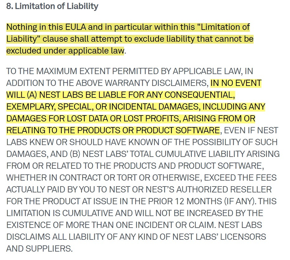 Nest EULA: Limitation of liability clause