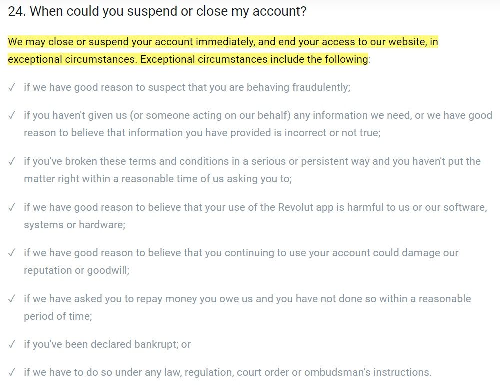 Revolut Personal Terms: Account termination clause