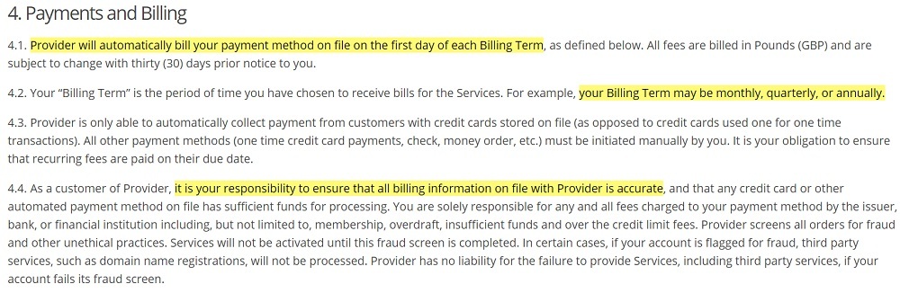 Secure Fast Hosting Terms of Service: Payments and Billing clause