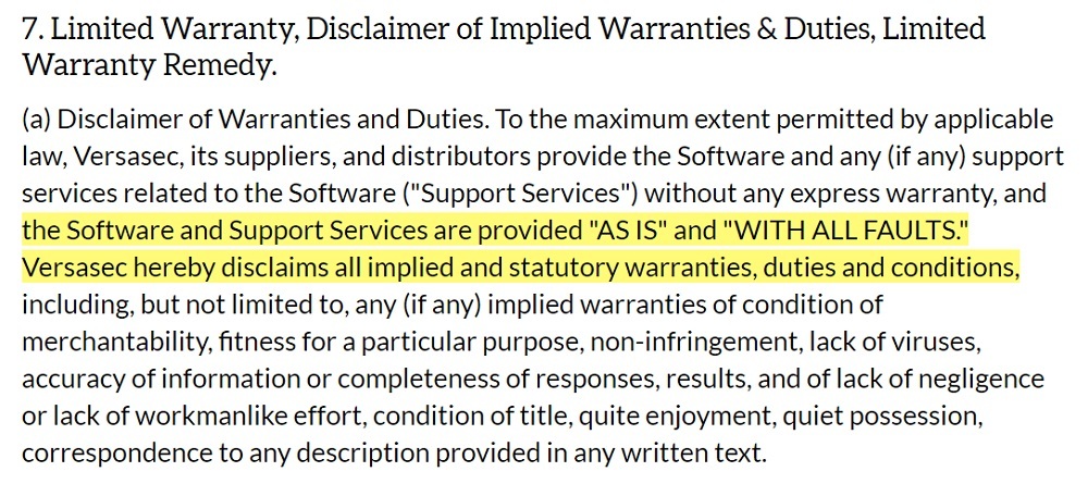 Versasec License Agreement: Warranty Disclaimer clause