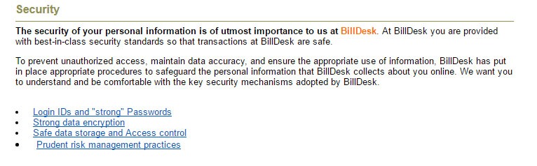 Security practices in BillDesk Privacy Policy