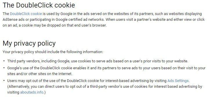 Google DoubleClick Cookie In Privacy Policy
