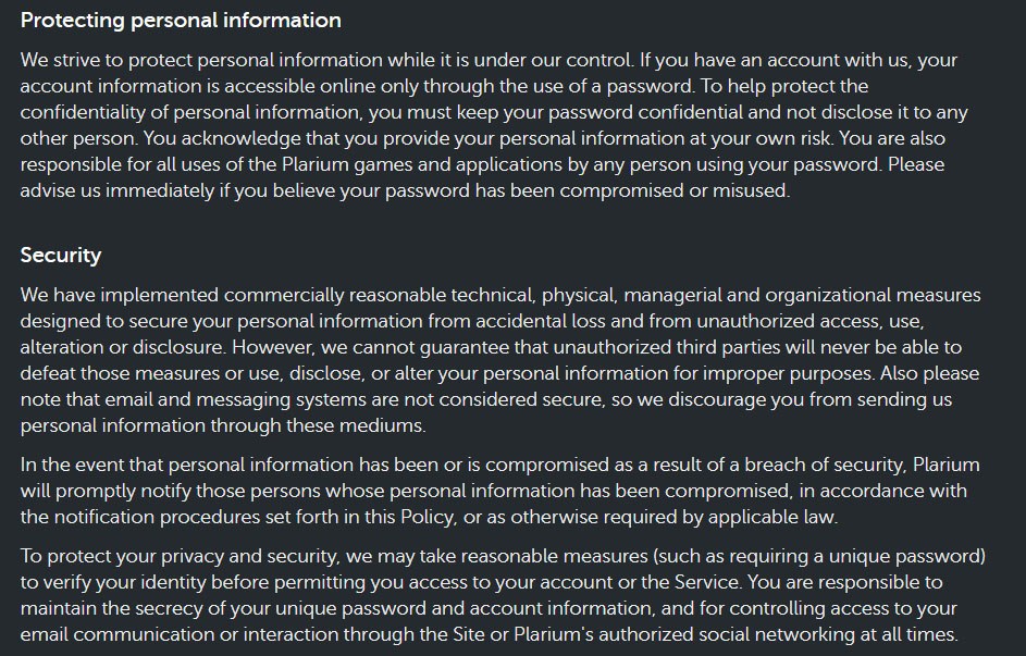 Plarium Privacy Policy: Security and Protecting Personal Information clauses