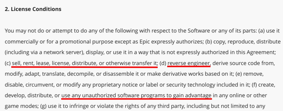 Fortnite EULA License Conditions clause