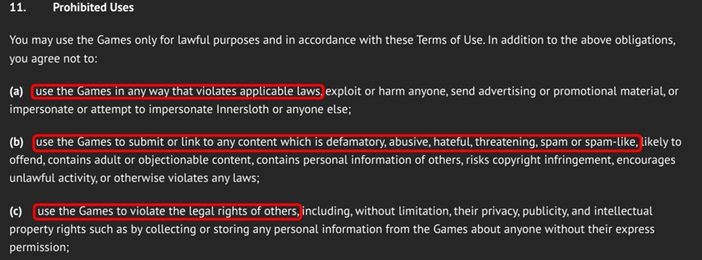 Inner Sloth Terms of Service: Prohibited uses clause