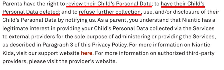 Niantic Privacy Policy Childs data clause