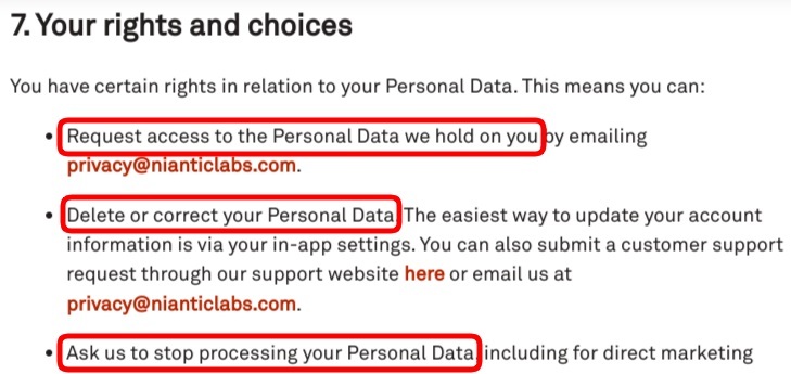 Niantic Privacy Policy Rights and Choices clause
