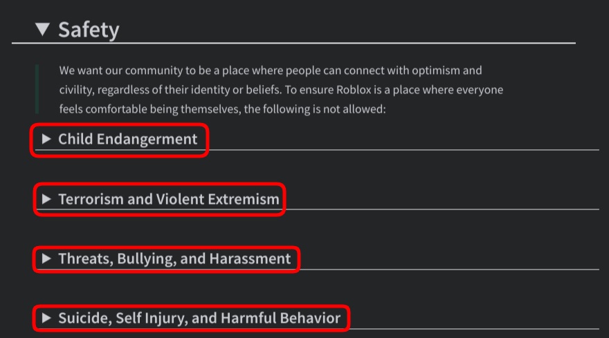 Roblox Community Standards excerpt