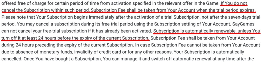 Say Games Terms and Conditions excerpt 2