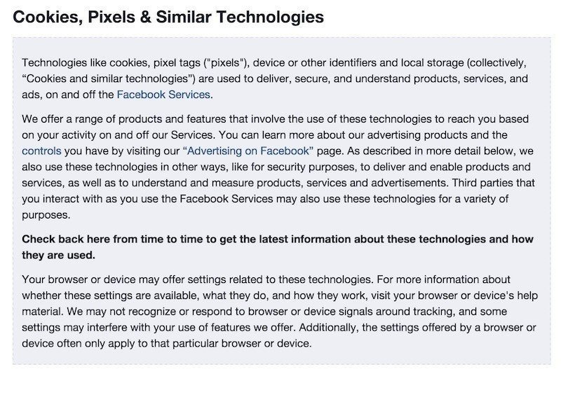 Facebook Screenshot of Cookies Pixels and Similar Page