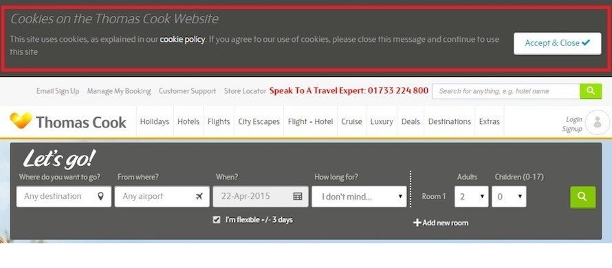 Thomas Cook Cookies Notification in the Header