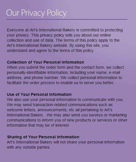 Screenshot of Art's International Bakery Privacy Policy