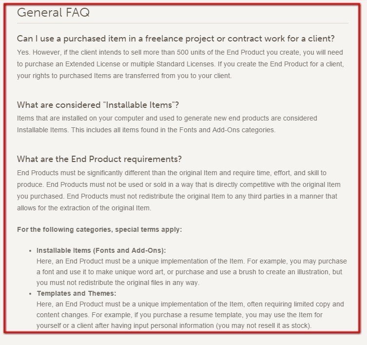 Screenshot of General FAQ from Creative Market