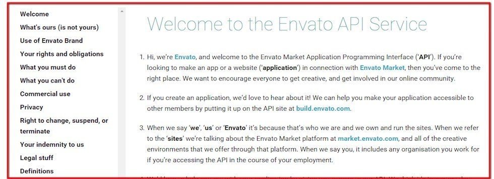 Screenshot of API Terms agreement from Envato Market