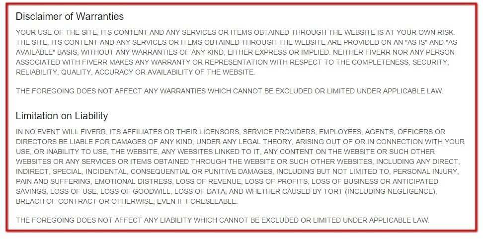 Disclaimer of Warranties and Limitation of Liability in Fiverr agreement