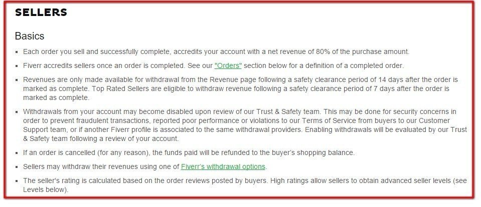 Sellers section clause in Terms of Service of Fiverr