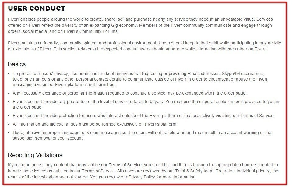 User Conduct section clause in Terms of Service of Fiverr