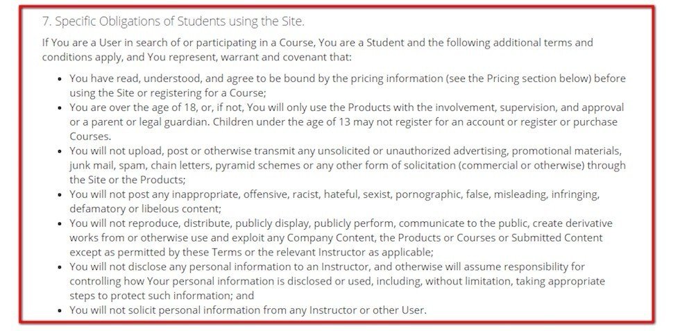 Obligations for Students in Terms of Use of Udemy