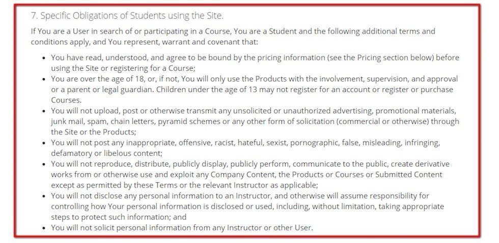 Obligations for Students in Terms of Use of Udemy