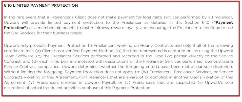 Limited Payment Protection clause in User Agreement of UpWork