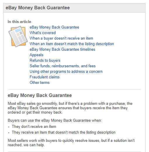eBay Money Back Guarantee menu