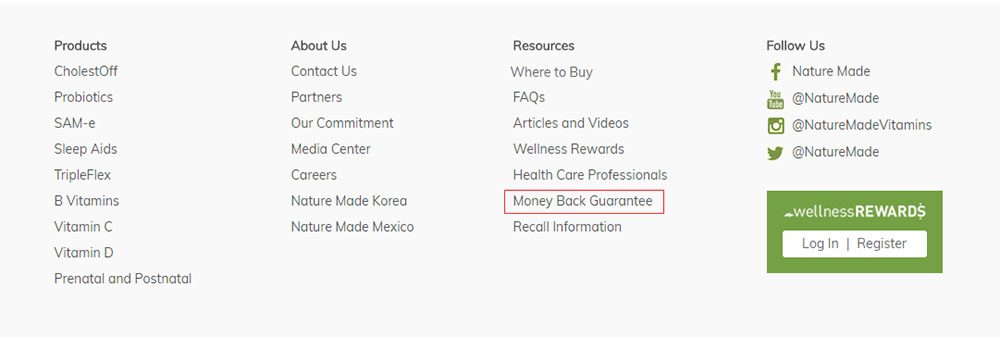 Nature Made website footer with Money Back Guarantee link highlighted