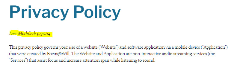 Focus@Will's Last Modified Date of Privacy Policy