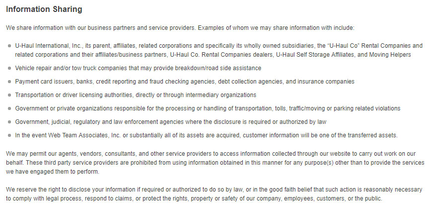 Uhaul's Privacy Policy Information Sharing Clause