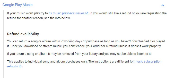 Google Play Music refund availability