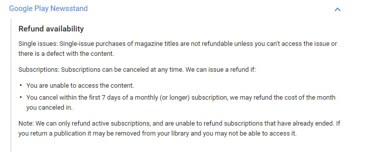 Google Play Newsstand policy on purchases of single magazine or subscriptions