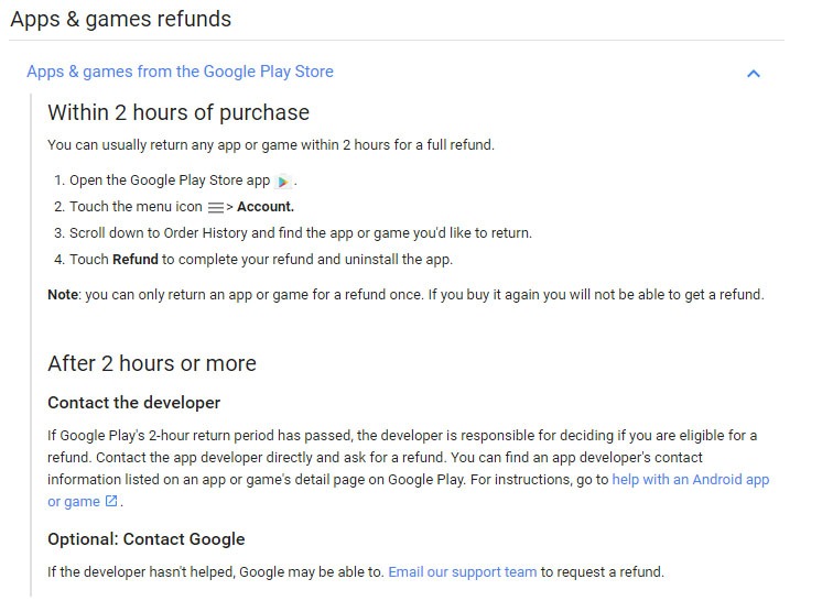 Google Return/Refund Policy for games and apps